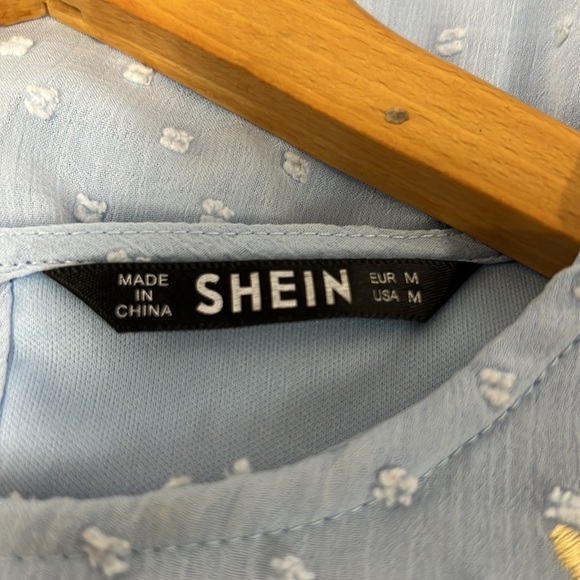 Shein Embroidery Detail Swiss Dot Blue Babydoll Short Sleeve Dress SZ M - Picture 9 of 12